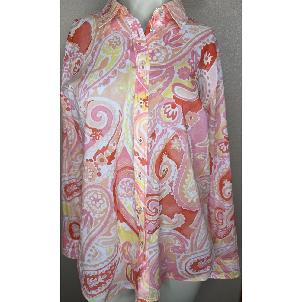 Talbots Women's Large Paisley Button Front‎ Shirt Pink Coral Yellow Cotton L